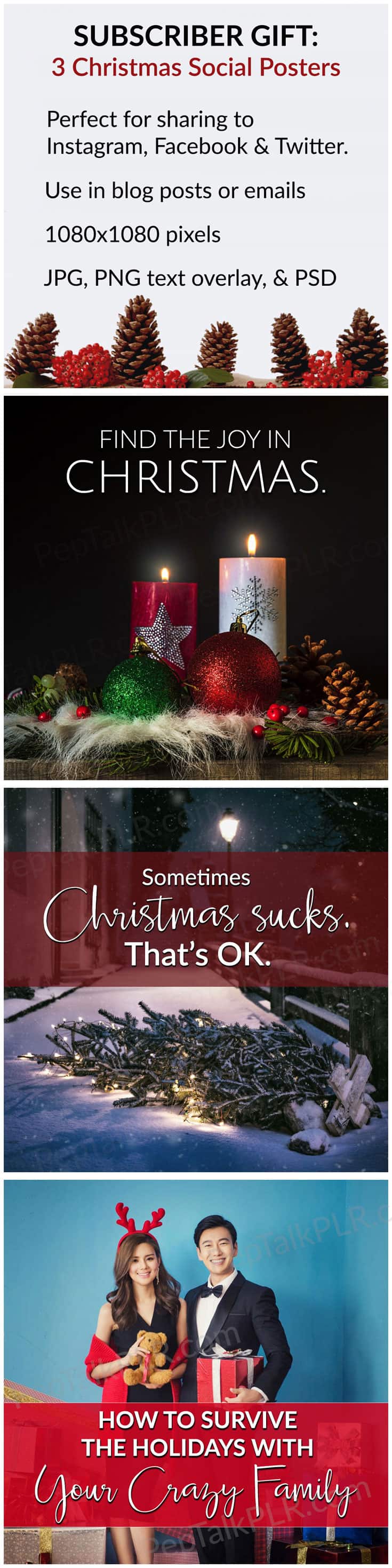 Free Christmas Social Posters - Download 3 free Christmas social posters perfect for sharing to Instagram, Facebook, and Twitter! Each image is 1080x1080 pixels and includes JPG, PNG text overlays, and editable PSD formats.